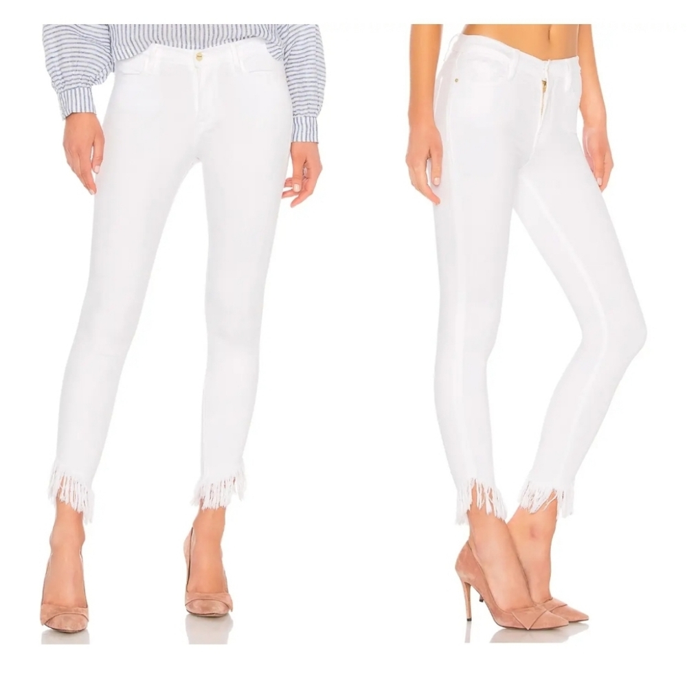 NWT! Frame Denim Le High Skinny Frayed Fringe Hem White Jeans sz 25